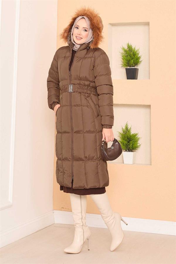 Fur Hooded Removable Belted Puffer Jacket Brown