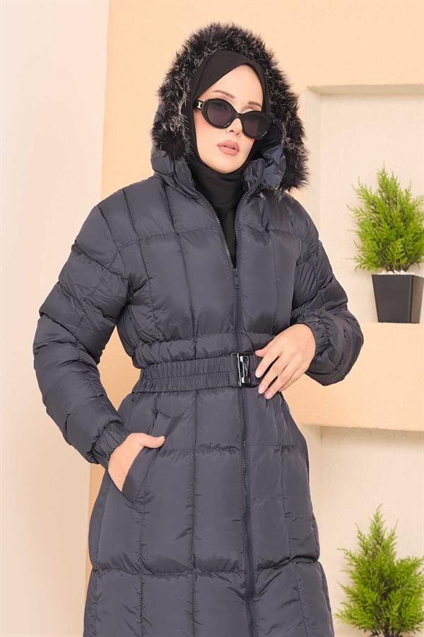 Fur Hooded Puffer Jacket with Removable Belt and Gray