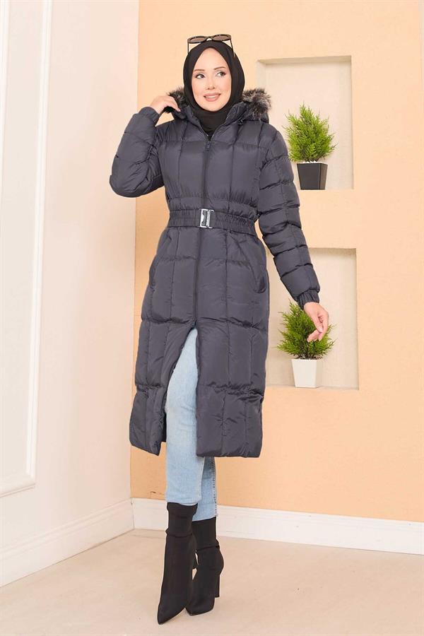 Fur Hooded Puffer Jacket with Removable Belt and Gray