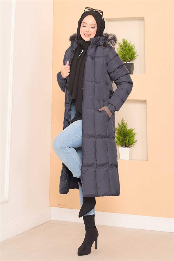 Fur Hooded Puffer Jacket with Removable Belt and Gray