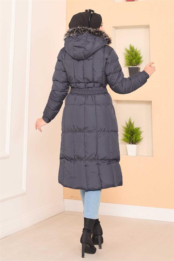 Fur Hooded Puffer Jacket with Removable Belt and Gray