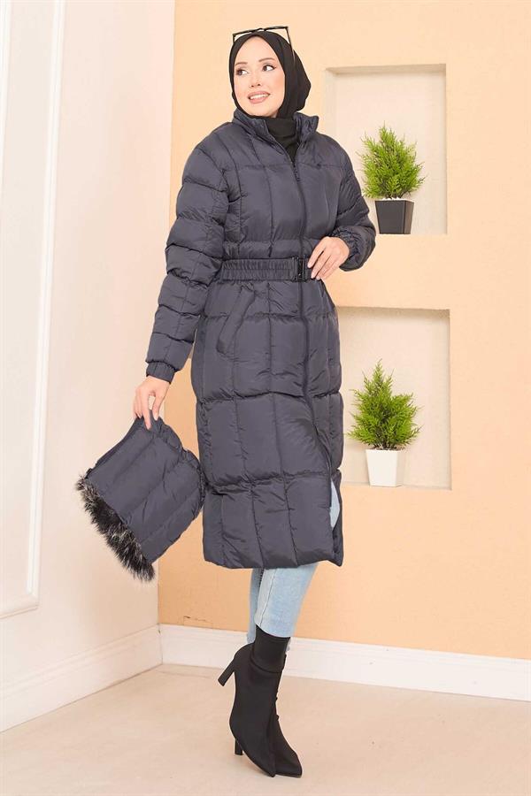 Fur Hooded Puffer Jacket with Removable Belt and Gray