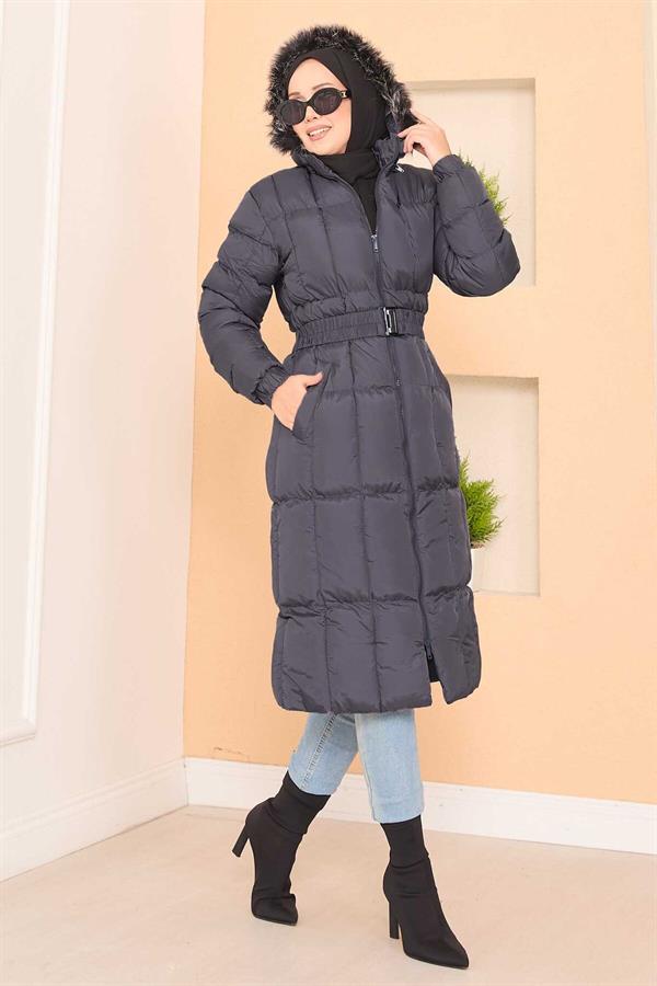 Fur Hooded Puffer Jacket with Removable Belt and Gray