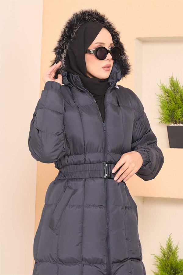 Fur Hooded Puffer Jacket with Removable Belt and Gray