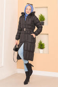Fur Hooded Removable Belted Puffer Jacket Black