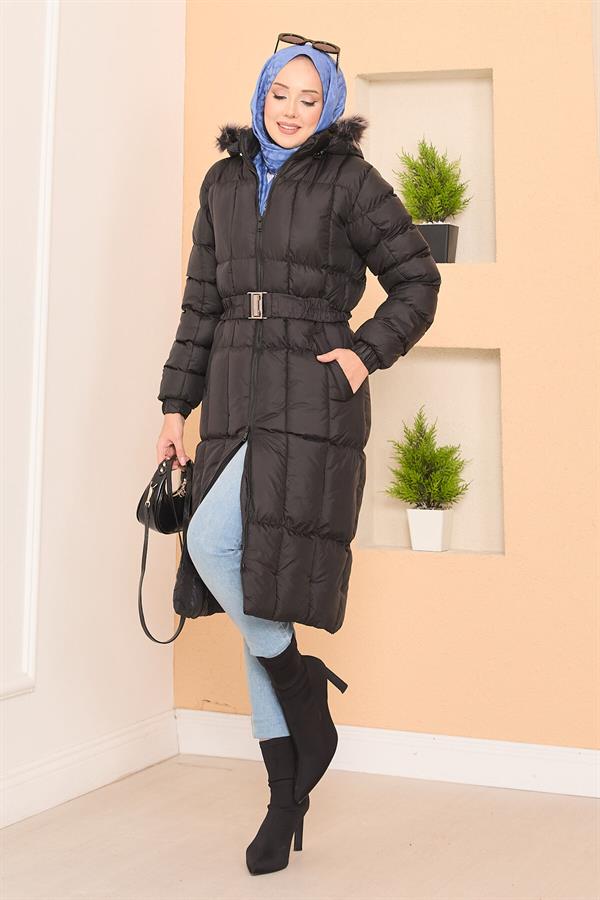 Fur Hooded Removable Belted Puffer Jacket Black