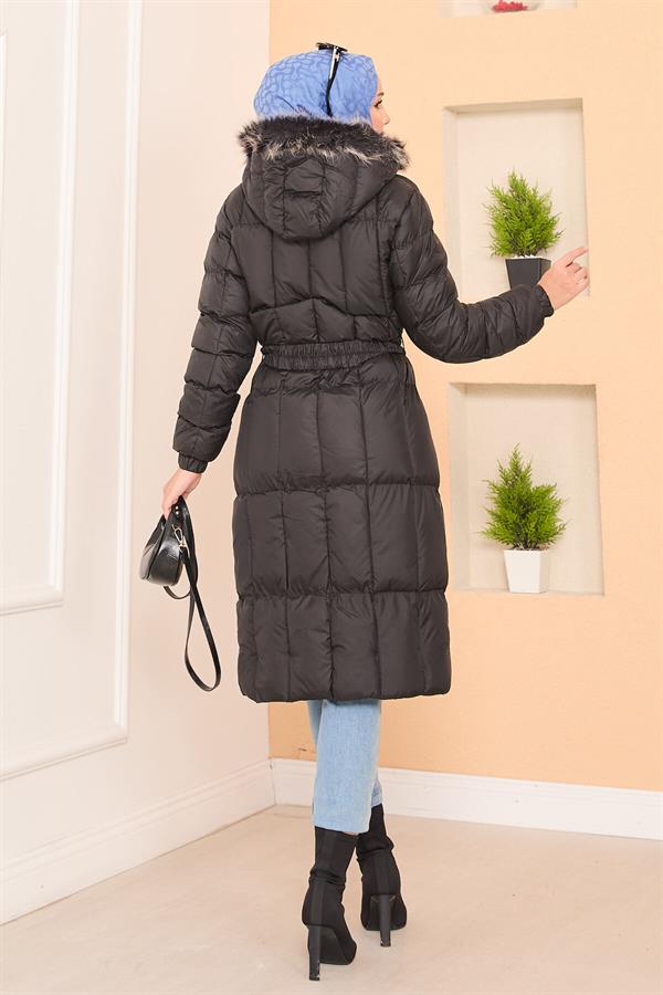 Fur Hooded Removable Belted Puffer Jacket Black