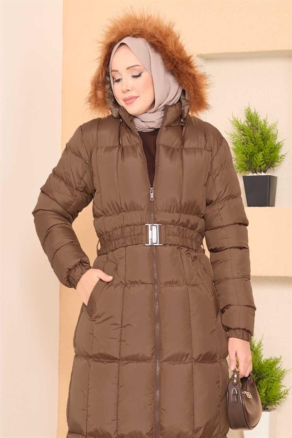 Fur Hooded Removable Belted Puffer Jacket Brown