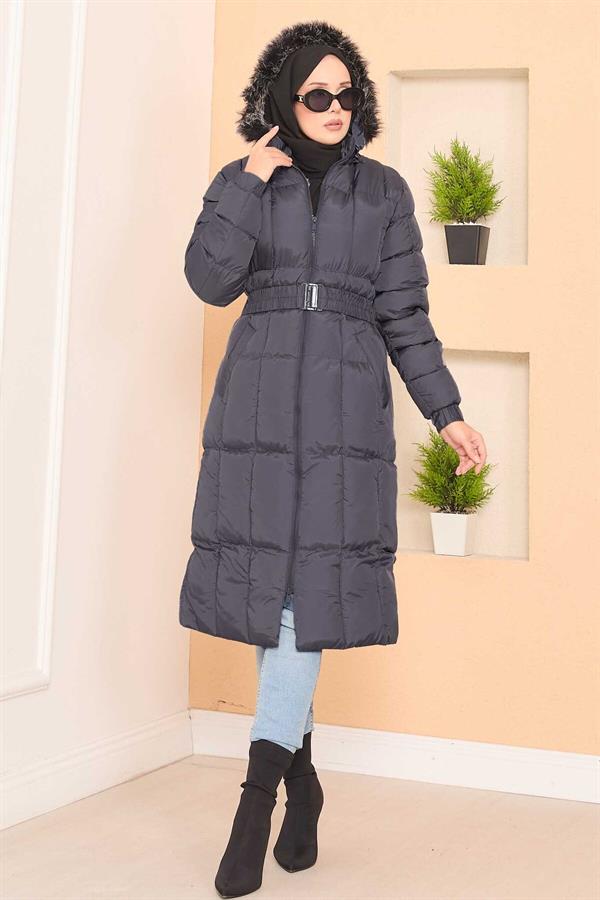 Fur Hooded Puffer Jacket with Removable Belt and Gray