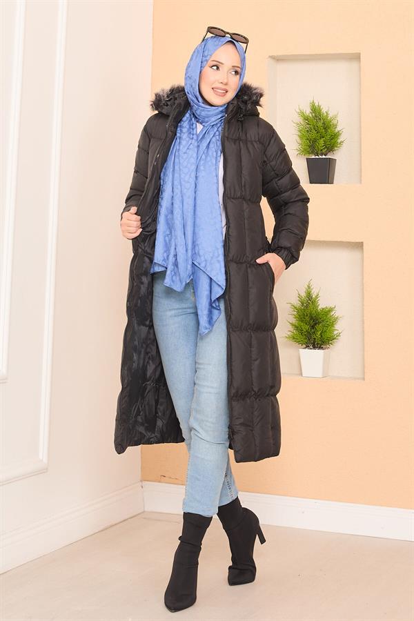 Fur Hooded Removable Belted Puffer Jacket Black