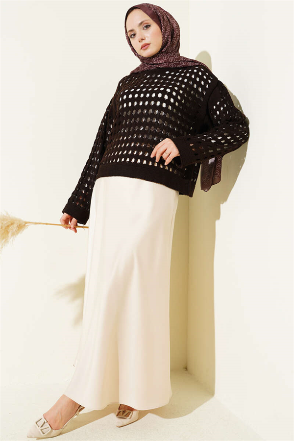 Square Openwork Knit Sweater, Coffee