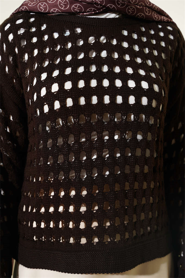 Square Openwork Knit Sweater, Coffee
