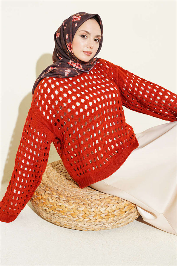 Square Openwork Knit Sweater, Terracotta