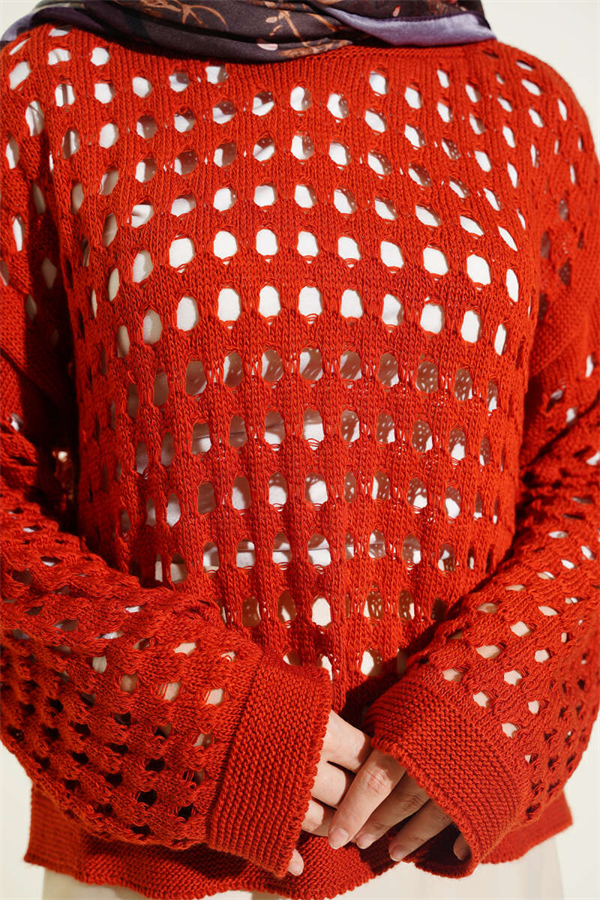 Square Openwork Knit Sweater, Terracotta