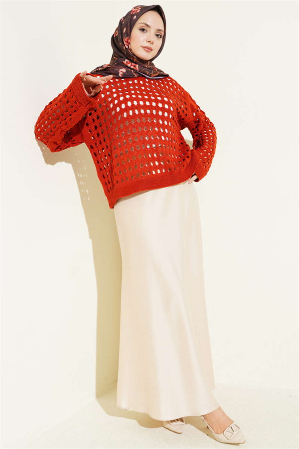 Square Openwork Knit Sweater, Terracotta