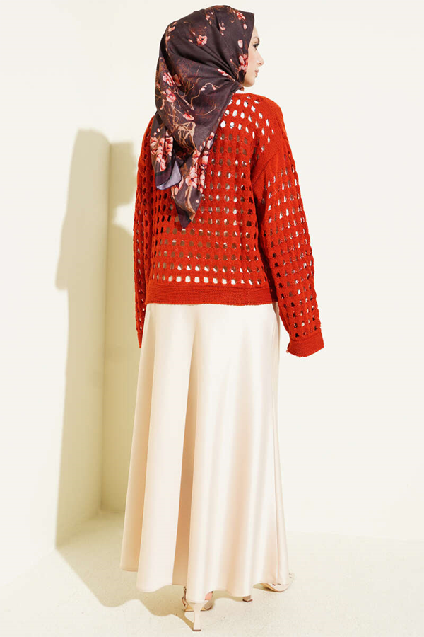 Square Openwork Knit Sweater, Terracotta