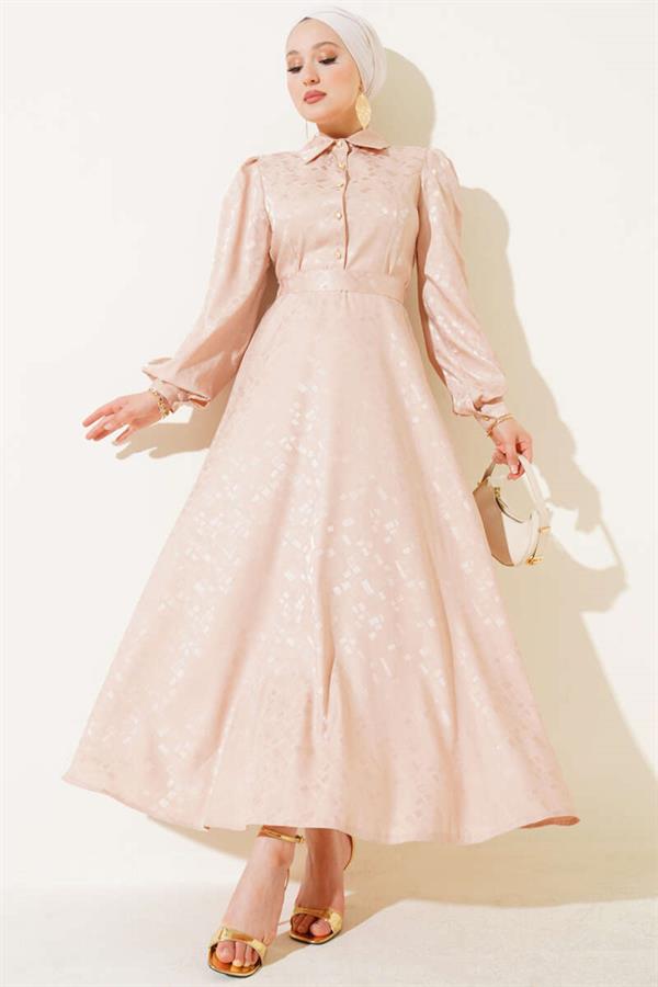 Square Pattern Buttoned Jacquard Dress Beige