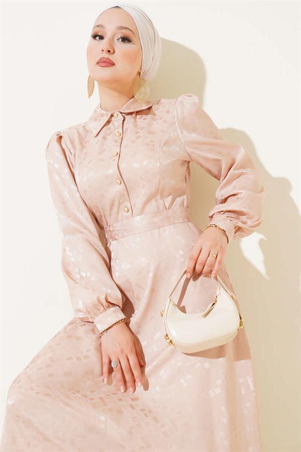 Square Pattern Buttoned Jacquard Dress Beige