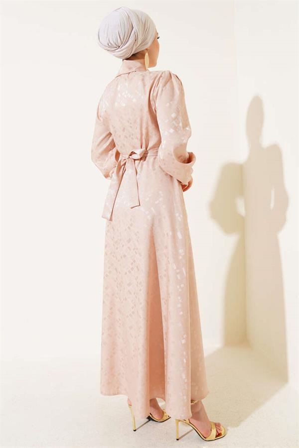 Square Pattern Buttoned Jacquard Dress Beige