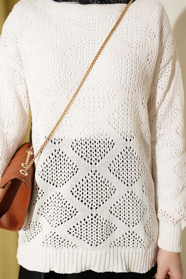Square Patterned Openwork Knit Sweater, Ecru