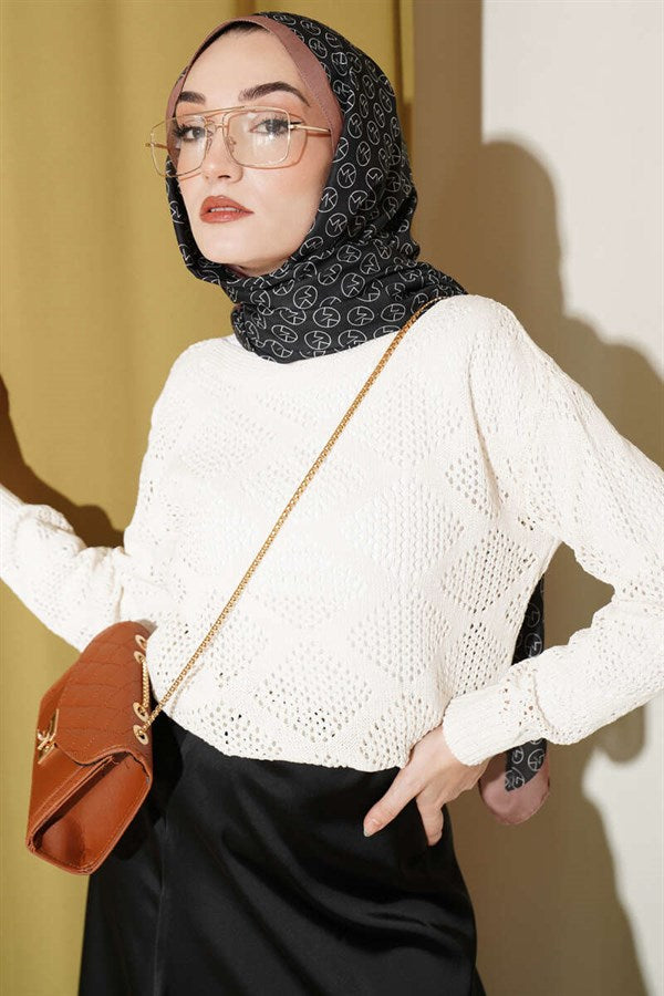 Square Patterned Openwork Knit Sweater, Ecru