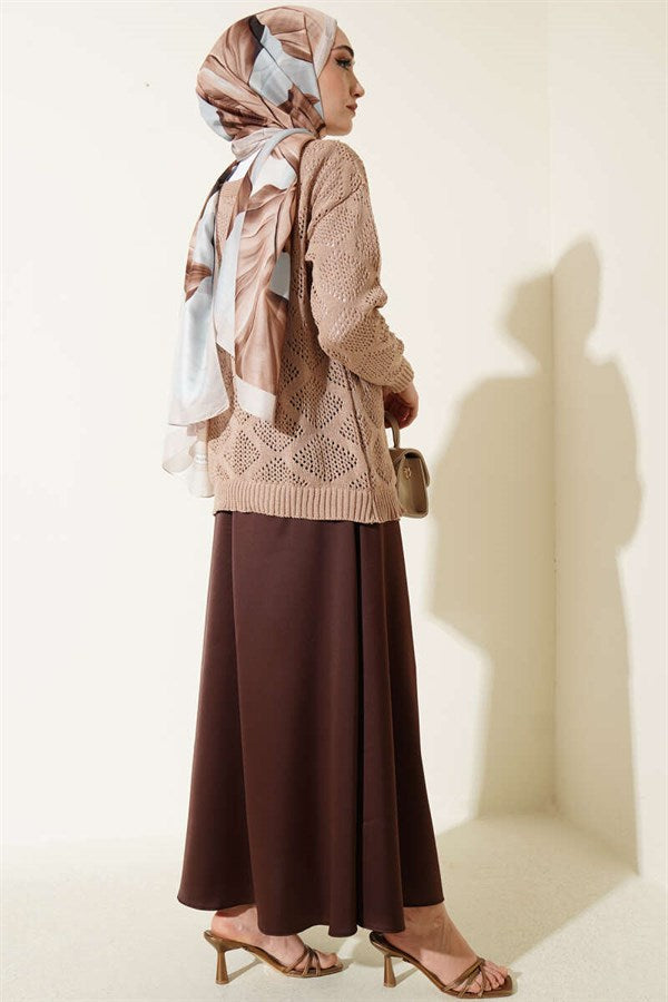 Square Patterned Openwork Knit Sweater Latte