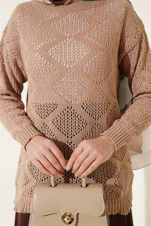 Square Patterned Openwork Knit Sweater Latte