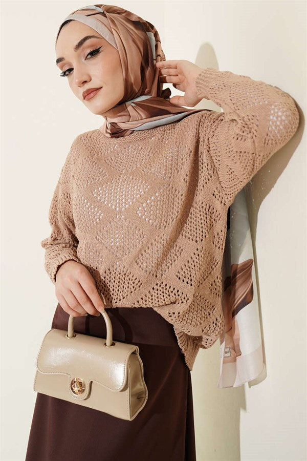 Square Patterned Openwork Knit Sweater Latte