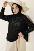 Square Patterned Openwork Knit Sweater, Black