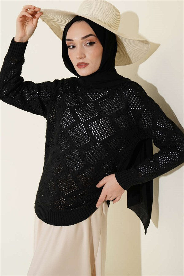 Square Patterned Openwork Knit Sweater, Black