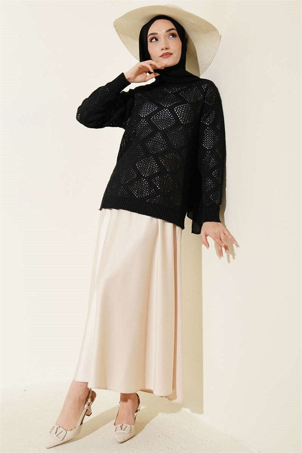 Square Patterned Openwork Knit Sweater, Black