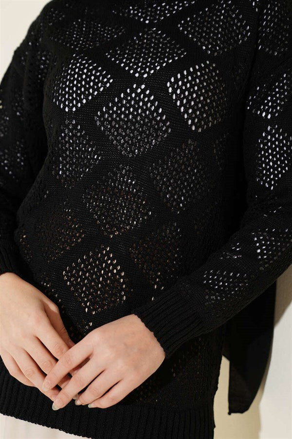 Square Patterned Openwork Knit Sweater, Black