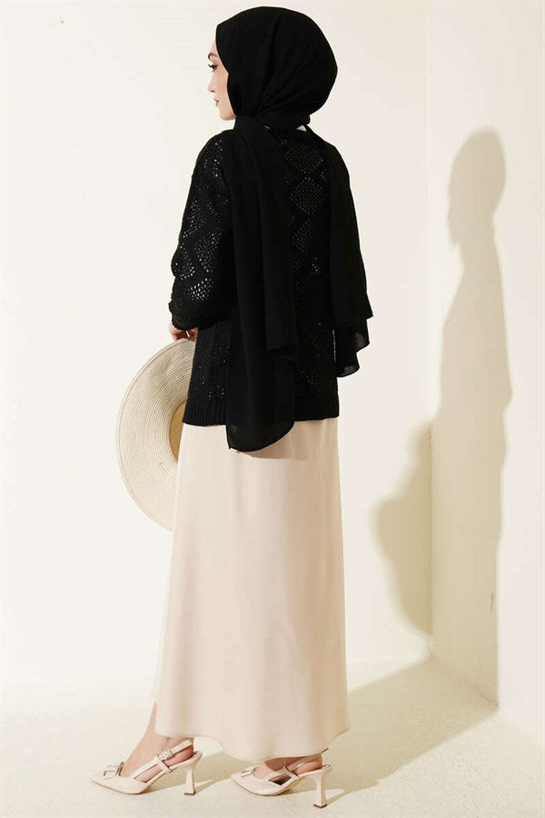 Square Patterned Openwork Knit Sweater, Black