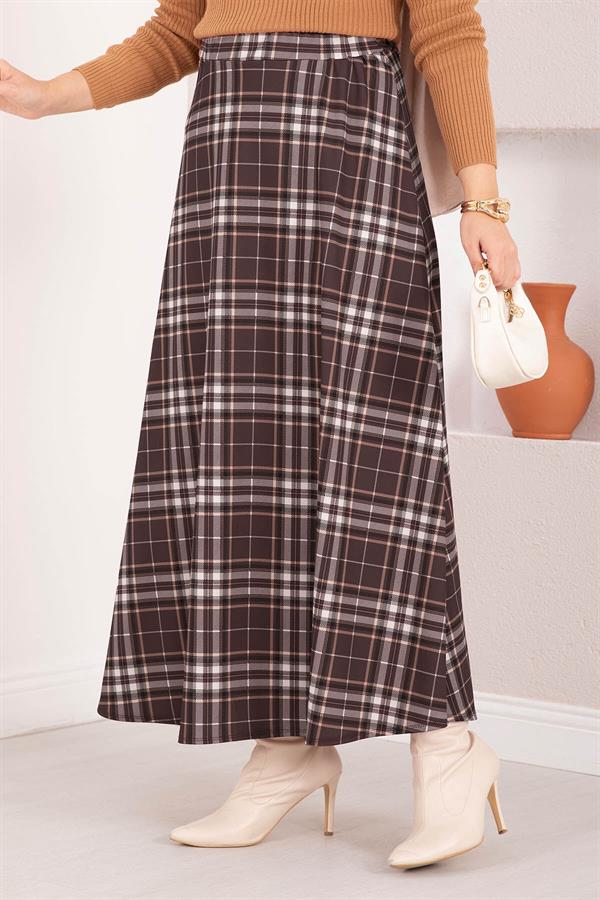 Plaid Scuba Skirt, Brown