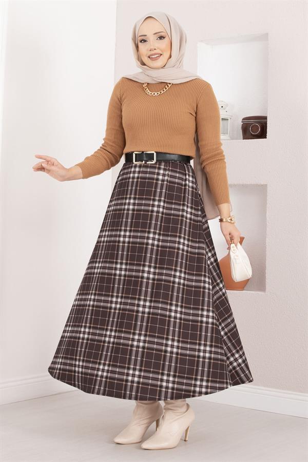 Plaid Scuba Skirt, Brown