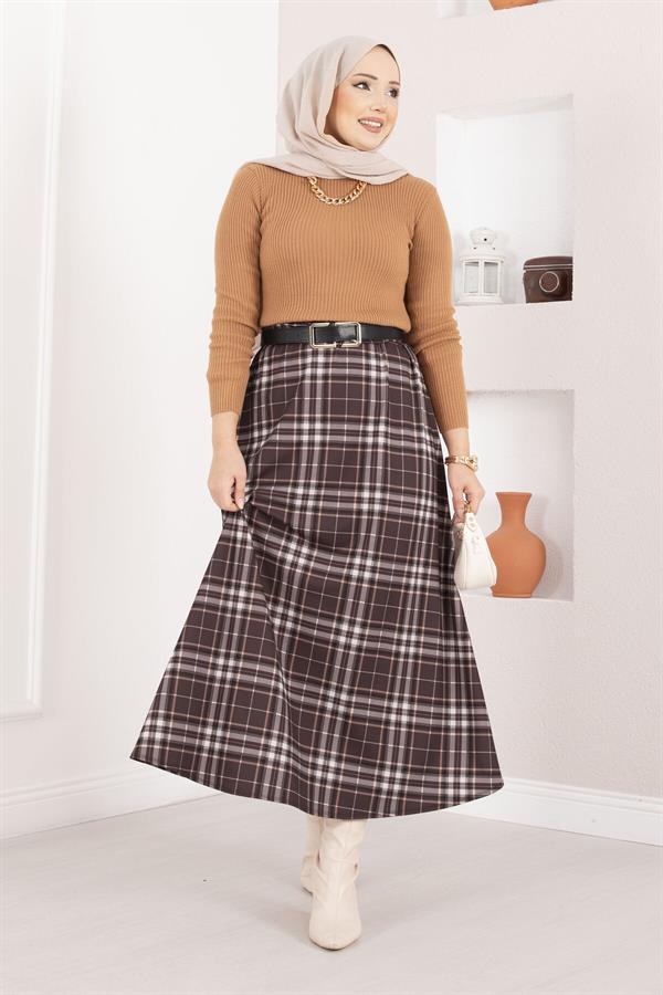 Plaid Scuba Skirt, Brown