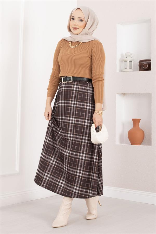 Plaid Scuba Skirt, Brown