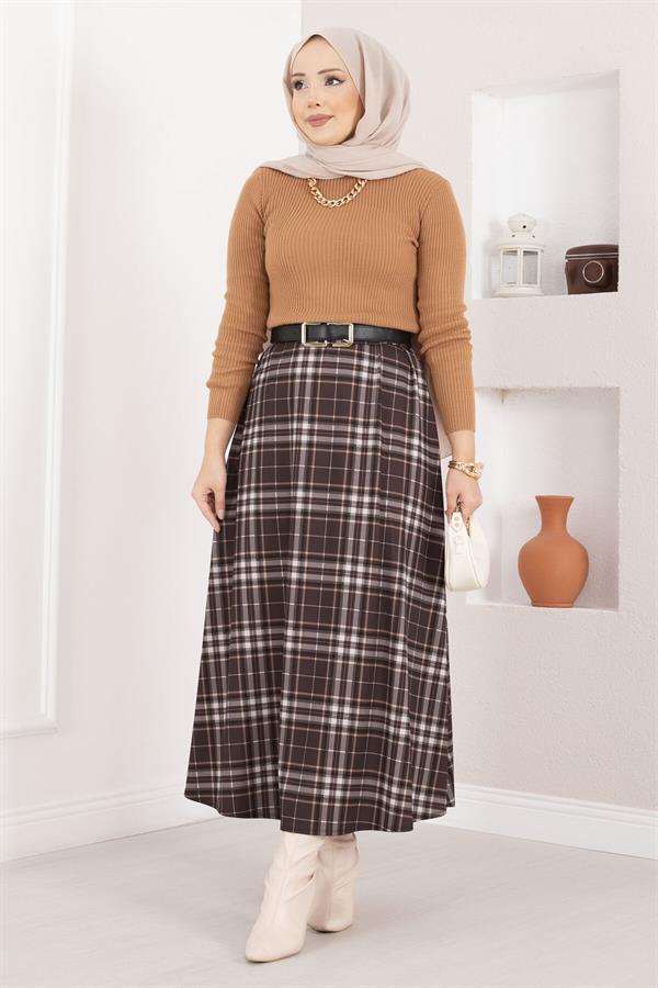 Plaid Scuba Skirt, Brown