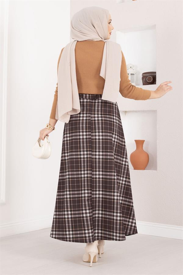 Plaid Scuba Skirt, Brown
