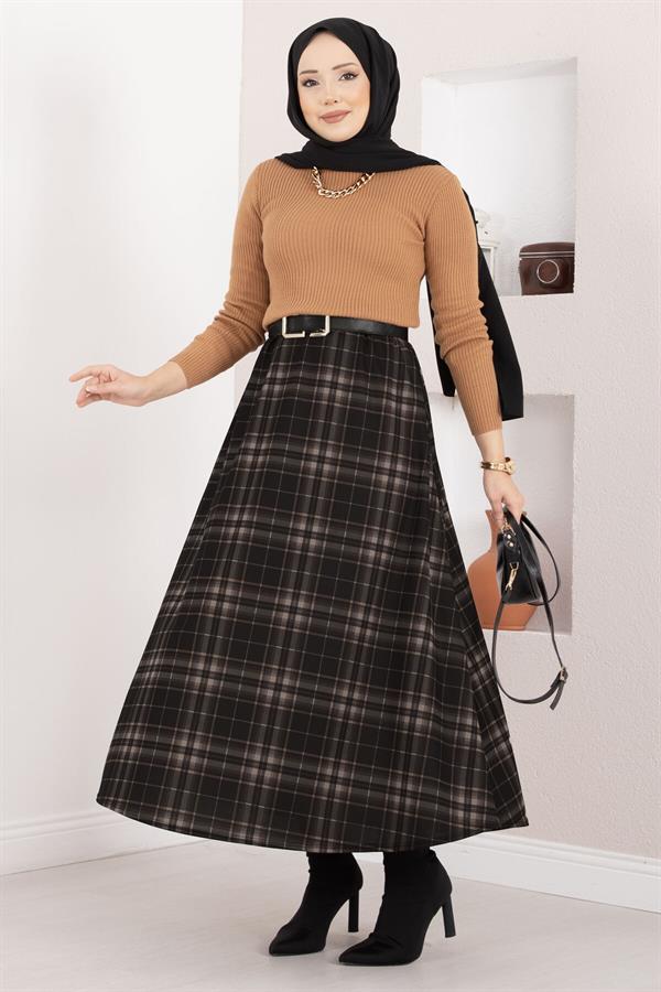 Plaid Scuba Skirt Black - Stone