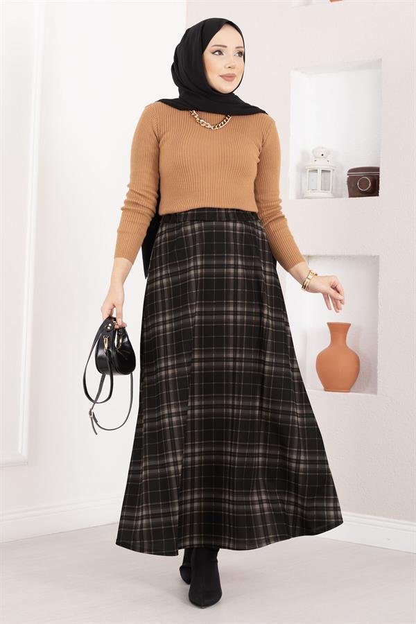 Plaid Scuba Skirt Black - Stone