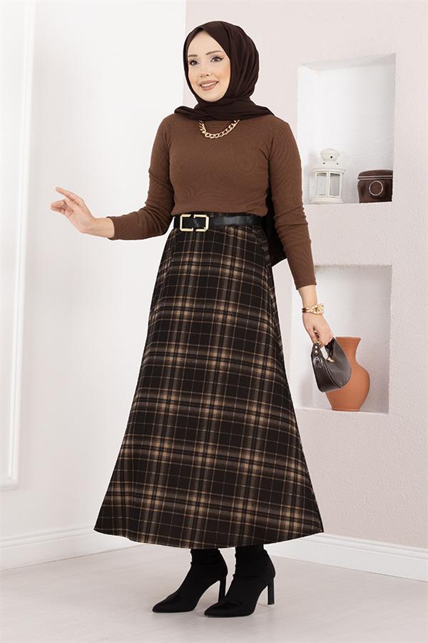 Plaid Scuba Skirt Black-Camel