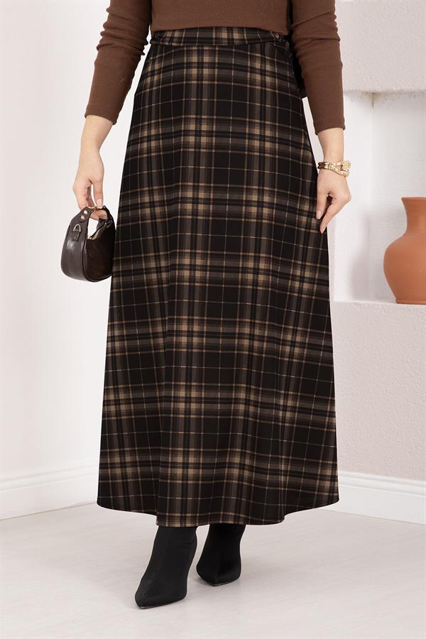 Plaid Scuba Skirt Black-Camel