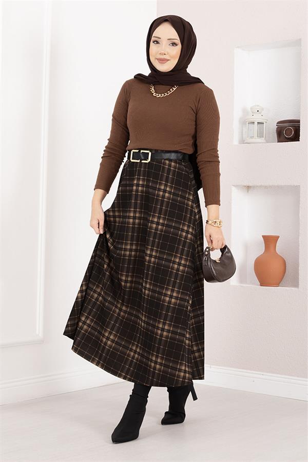 Plaid Scuba Skirt Black-Camel