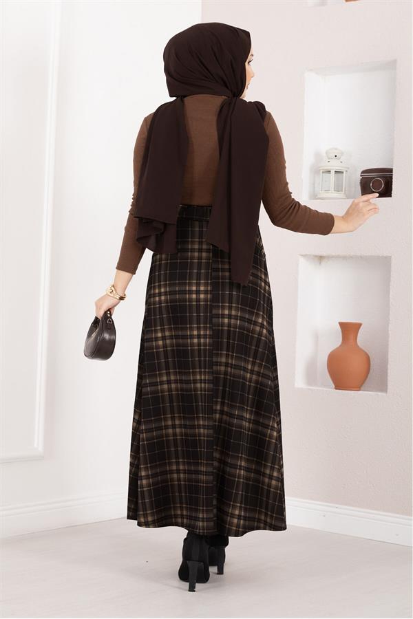 Plaid Scuba Skirt Black-Camel