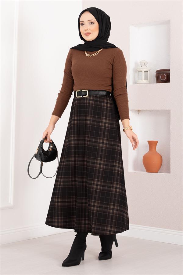 Plaid Scuba Skirt Black-Mink