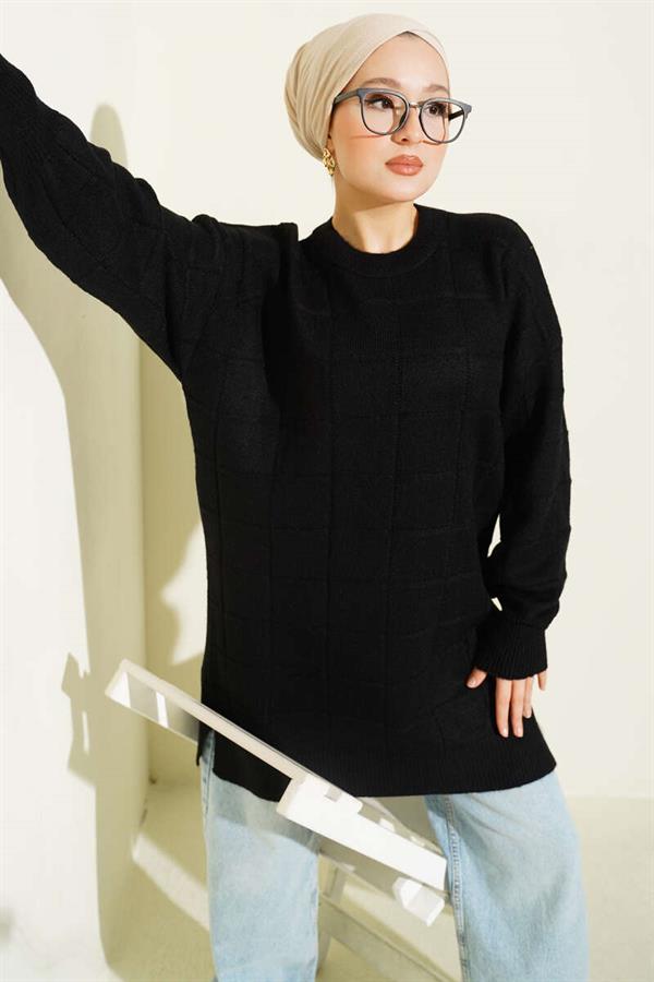 Square Patterned Soft Knit Tunic Black