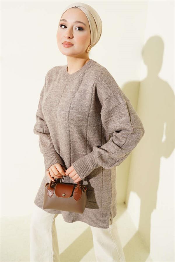 Square Patterned Soft Knit Tunic Mink