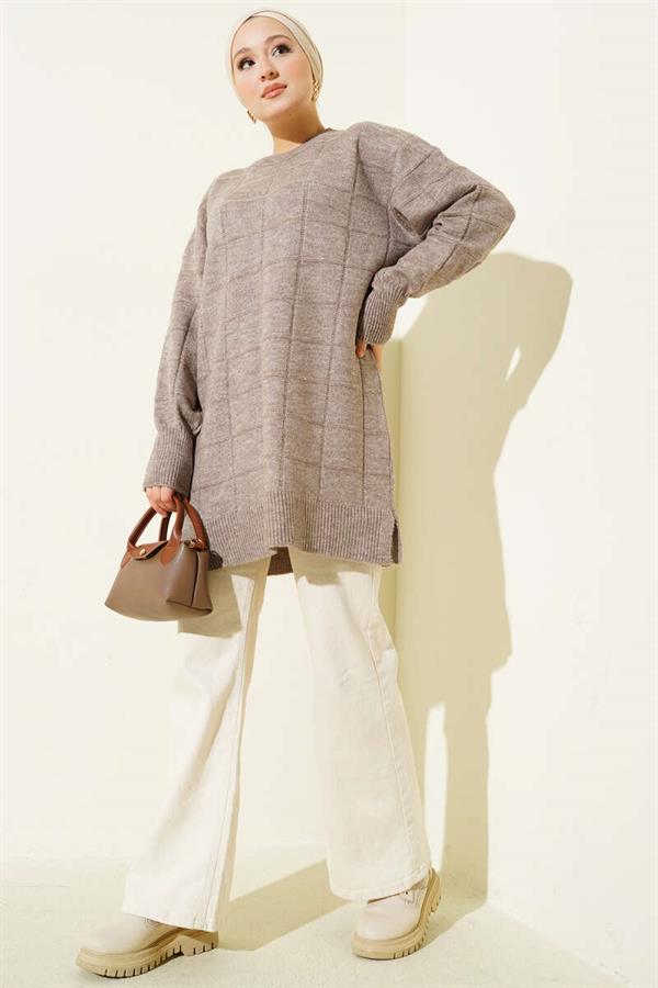 Square Patterned Soft Knit Tunic Mink