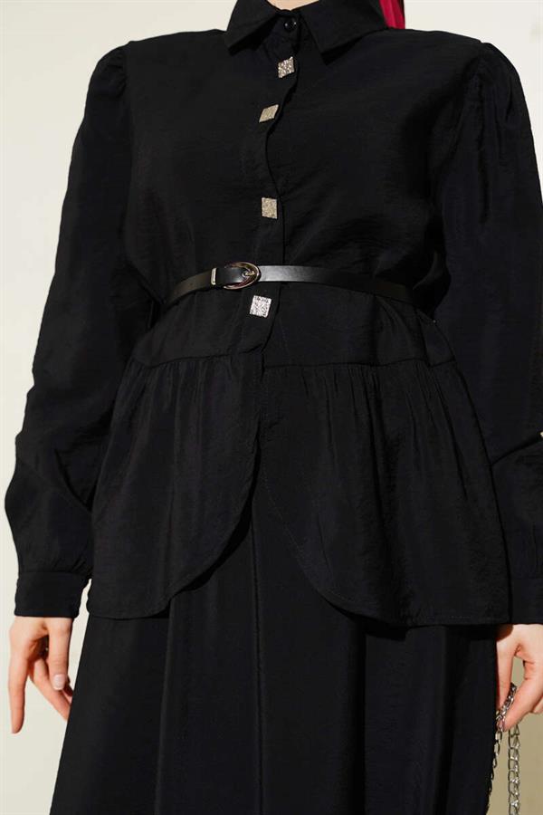 Square Button Belted Skirt Suit Black